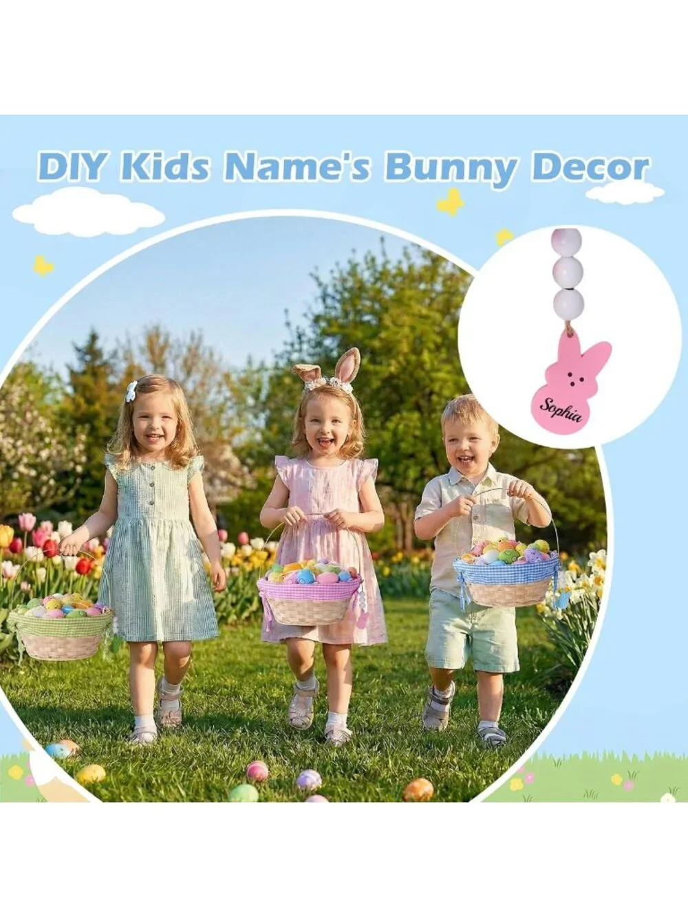 Personalized Large Easter Baskets for Kids - 3 Pcs Wicker & Rope, Colorful Gift